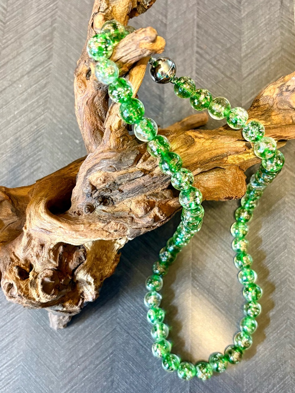 Green Glow Murano-Style Bead Necklace in Silvertone 20” Magnetic Clasp